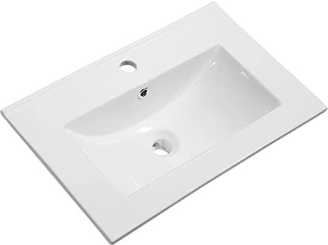 baanio - Lavabo Cerámico Integral para Mueble Baño 60cm | Encimera Lavabo Rectangular con Seno Centrado | Instalación Sobre Encimera, Blanco, 61x40 cm, Cerámica | FONDO REDUCIDO 40