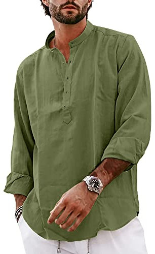 YAOBAOLE Cotton Grandad Shirts for Men UK Men's Casual Long Sleeve Shirts Button Down Henley Shirt Army Green L