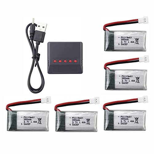 5PCS 3.7V 380mah Batería de Litio con Cargador 5 en 1 para Hubsan X4 H107C H107D Syma Q11 X13 HS170 TOZO Q2020 E016H WLtoys V252 V966 V911S XK A150 A100 TR-C38 AT-96 RC Drone