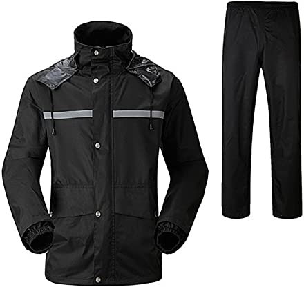 LY4U Tuta Antipioggia da Uomo Impermeabile Abbigliamento da Lavoro Giacca da Ciclismo con Cappuccio e Pantalone Tuta Antipioggia con Striscia Riflettente Sicura Nero M