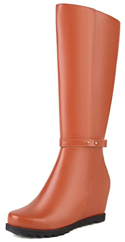 Lroey Reoly Stivali da Donna a Metà Polpaccio con Zeppa, Stivali Invernali Casuale Zip Stivali Alti Tacco Medio Punta Rotonda 309 Marrone Numero 37 EU