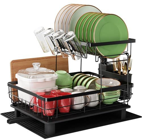 Dish Drainer Rack, 2 Tier Stainless Steel Dish Drying Rack with Drip Tray and Drying Mat, Sink Plate Drainer Rack with Utensils Holder, Swivel Spout, Kitchen Draining Board Rack for Kitchen, Black