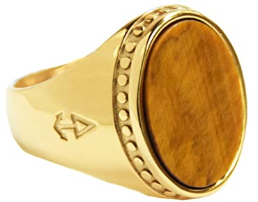 Rock and Steel Deus Gold Siegelring Männerring aus Edelstahl mit Tigerauge Stein, Herren-Ring (66 (21.0 mm))