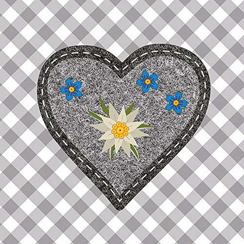 20 Servietten Edelweiss im Herz grau | bayrisch | Bayern | Oktoberfest | Tischdeko | Decoupage | Serviettentechnik 33x33cm
