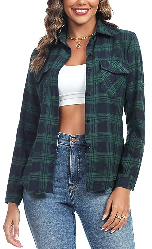 Irevial Damen Kariertes Bluse Casual Karohemd Button-down Langarmshirt Boyfriend-Stil Baumwolle Hemdbluse Plaid Shirt für Frühling und Herbst Grün S