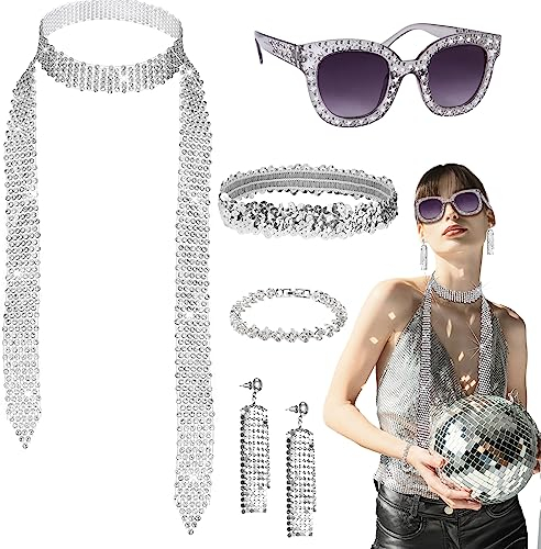 LOHAME 5 Stück Disco Accessoires, 70er jahre Kostümzubehör 70er Damen Glitzer Schmuck 1970s Retro Party Zubehör Frauen 80er Pailletten Quaste Ohrringe Stirnband Strass Armband Halskette Sonnenbrille