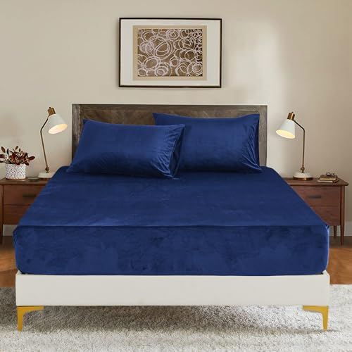 Luowei Fleece Spannbettlaken Bettlaken 140x200cm Dunkelblau Winter Extra Warm Plüsch Samt Kuschelige Leintuch 140x200cm Boxspringbett Frottee Spannbetttuch Uni Muster für Hohe Matratze bis 25-30 cm