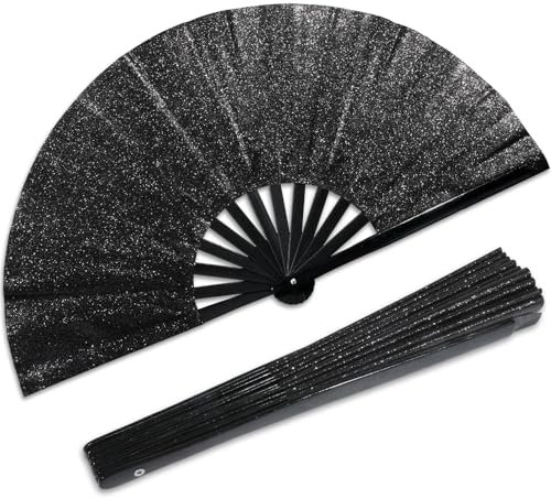 Qyeahkj Glitter Large Folding Hand Fan - Black Rave Clack Handheld Chinese Tai Chi Kung Fu Foldable Fabric Decorative for EDM Club Party Dance Performance for Men Women