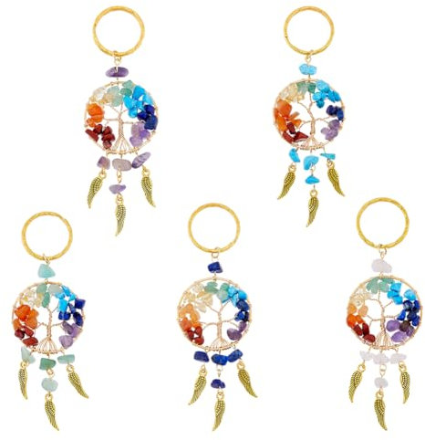 SUPERFINDINGS 5PZ 5 Stile Portachiavi In Lega di Pietre Preziose con Ciondoli Ad Ala Pietre Preziose Miste Albero Della Vita Anelli di Collegamento Pietra di Cristallo Naturale Portachiavi