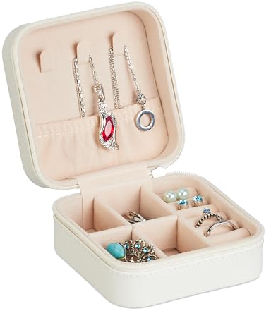 Relaxdays Valigetta Portagioie, Cofanetto Porta Gioielli da Viaggio, Organizer Anelli, Collane, 5 x 10 x 10 cm, Bianco