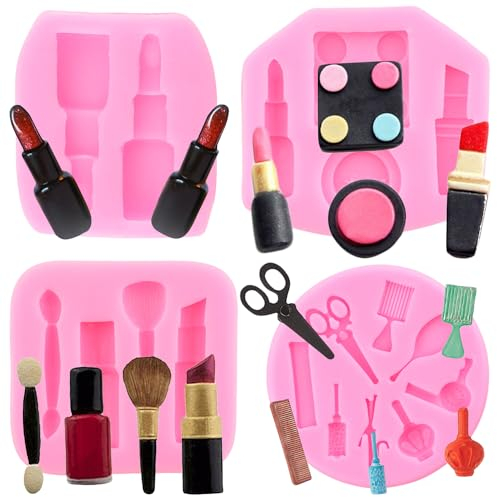 RFGHAC 4 Stück Make-up Thema Silikonformen Make-up Werkzeuge Fondant Formen Schere Haar Werkzeuge Schokoladenform Lippenstift Form für Süßigkeiten Kuchen Dekorieren Cupcake Topper Gummi Paste Polymer