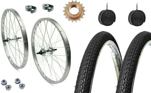 MADICKS 1 Paar Felgen vorne + hinten 20 x 1,75 + 2 Reifen + 2 Luftkammern italienisches Ventil + Ritzel 16 Zähne 1 Gang + 4 Muttern + 2 Flaps für Fahrrad MTB-BMX City Bike - RAZIELLA