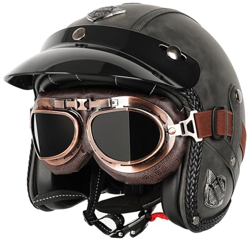 Vintage Retro Casque Moto Casque Bols Adulte Demi Casque ECE Homologué Vintage Casques Moto Bols pour Homme Et Femme avec Lunettes Face Ouverte Casque Mobylette K,M