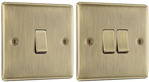 British General BG Electrical Single Light Switch, Antique Brass, Intermediate, 10AX & BG Electrical nab42 Double Light Switch, Antique Brass, 2-Way, 20A,16AX, 2 Way