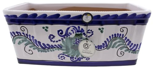 CERÁMICA RAMBLEÑA | Jardinera | Jardinera balcón | Jardinera Exterior | Jardinera Rectangular | Jardinera Decorado granadino - Modelo J04 | 100% Decorada a Mano | 41x19x18 cm
