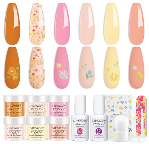 Lavender Violets 12 Pcs Dip Powder Nail Kit Starter 6 Colors Pink Nude Beige Yellow Glitters Dipping Powder Liquid Set with Base,Top Coat Activator Manicure M227