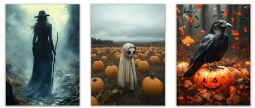JOSUE 3 Stück Orange, schwarz Halloween Decor LeinwäNde Groß Xxl Bilder, Hexe Geistertier Poster HeimbüRo Wohnzimmer Schlafzimmer Badezimmer Wanddeko-30x45cmx3 Ungerahmt