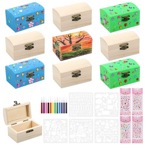 Fentar 10stk Schatztruhe Kindergeburtstag, Schatzkiste Holz Bastelset, Kleine Schatztruhe Kinder, Holzkästchen mit Deckel, Schatzkiste zum Bemalen Kindergeburtstag mit Farbstiften Aufkleber