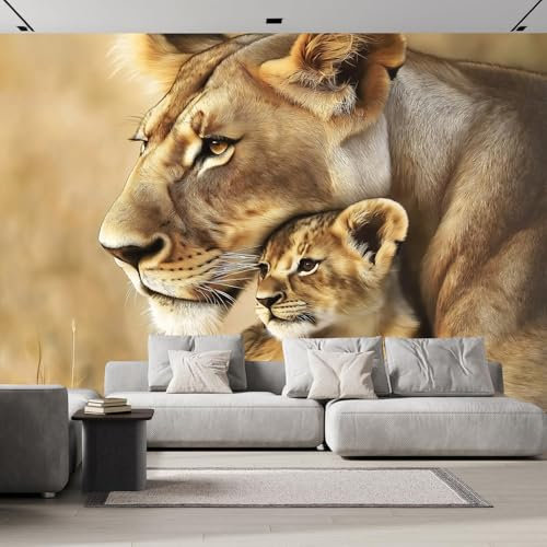 ANALTIRCE Animal 3D Large Photo Wallpaper, Yellow Lion Mother and Cub African Lion Wall Murals, Mural Photo Wallpapers for Living Room Bedroom TV Background Office Decor 59 in×42 in