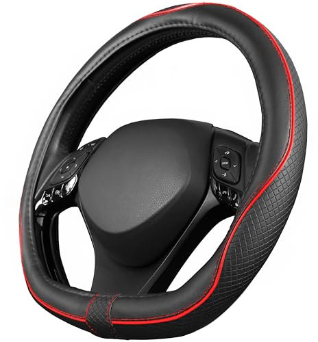 Upgrade4cars Coprivolante Auto Tipo D Nero Rosso in Finta Pelle | Copertura di Volante Diametro Universale 37-38 cm | Accessori Auto Interno