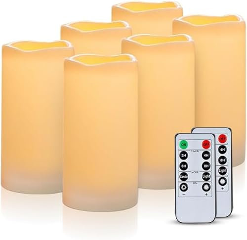 AMAGIC Outdoor Wasserdicht Flammenlose Kerzen, Batteriebetriebene LED Stumpenkerzen mit Fernbedienung und Timer, Elfenbein, Kunststoff, 2er-Set, 6er-Set (7,6 cm x 15 cm)