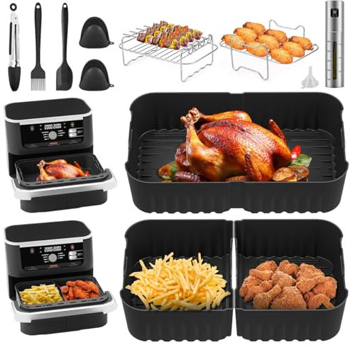 Airfryer Zubehör für Ninja Foodi Flexdrawer AF500EU, BPA Frei 16Stück Ninja Heißluftfritteuse Zubehör Set mit 1×10.4L und 2x5.2L Air Fryer Liner Mould und Grill