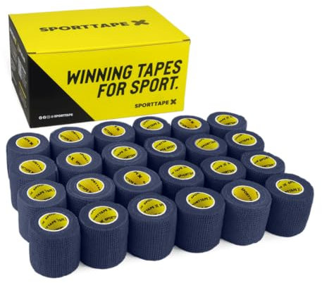 SPORTTAPE 24 Rolls Football Sock Tape, 5cm x 4.5m, Navy Blue - Self-Adhesive Cohesive Bandage, Compression Wrap & Sports Stretch Tape for Ankles, Joints, Socks, Vet and Pet Wrap for Dogs and Horses