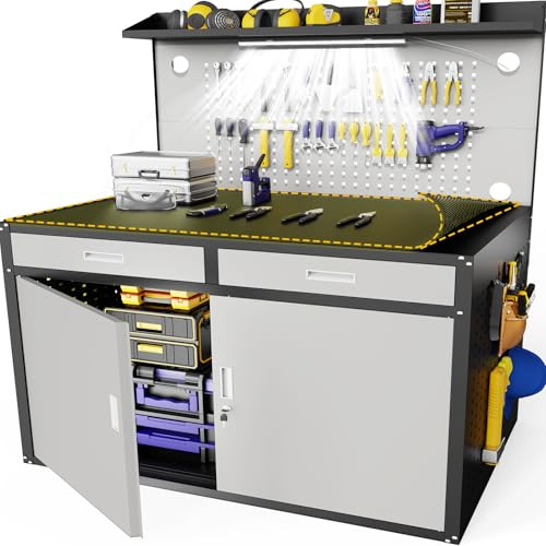 Eltean 48 Work Bench,Heavy Duty 2200 LBS Capacity Workbench with Drawers and Storage,Work Table with Light & Pegboard,Work Benches for Garage