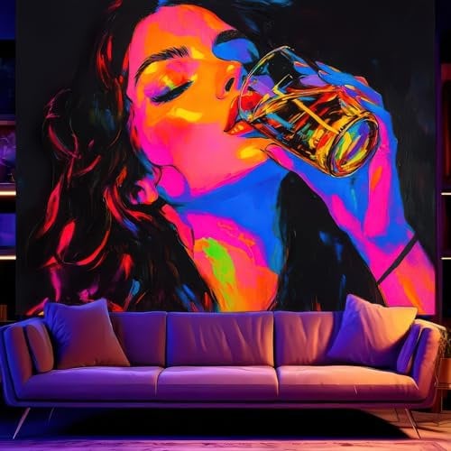 BlissYard Cooles Mädchen Anime-Wandteppich, ästhetisch, 200 x 150 cm, Schwarzlicht-Wandteppich, Schlafzimmer, UV-reaktiv, violett, leuchtet im Dunkeln, Kunst, Wandbehang, Poster, Zimmer, Schlafzimmer