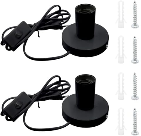 2*Vintage E27 Tischlampenfuß mit Kabelschalter Schwarz mit 1,8m Netzkabel | Schreibtischlampe Lampenfassung mit Kabelschalter/ E27 Fassung Schraubring Schalter/Starke Kompatibilität