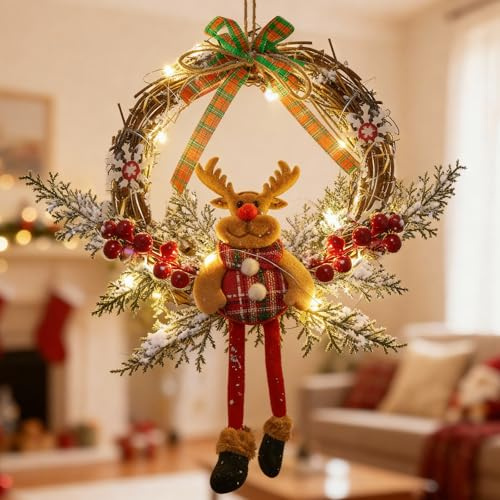Türkranz Weihnachten, 35cm LED Weihnachten Deko Türkranz, Weihnachtskranz Haustür mit LED Licht, Weihnachtskranzz Elch Rattan Kranz, Weihnachtsdeko zum Aufhängen für Haustür, Wand, Fenster, Kamin