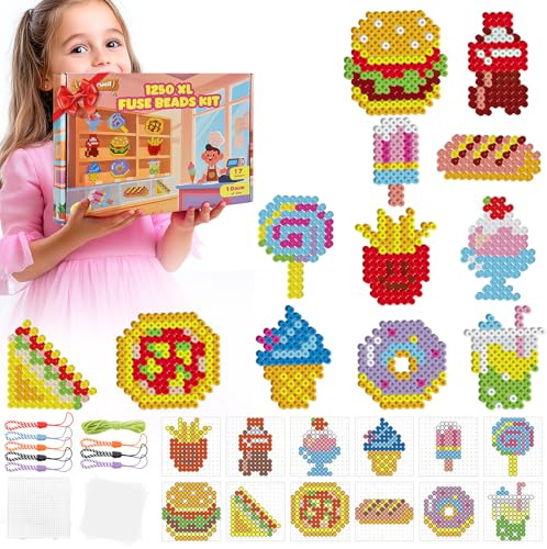 10mm Große Bügelperlen Set, 17 Farben 1250 Stück XL Bügelperlen mit Steckplatte, 12 Essen Muster, 8 Schlüsselbänder & 5 Bügelpapier, Kreatives Perlenset DIY Geschenk Handwerk für Kinder ab 3 Jahren
