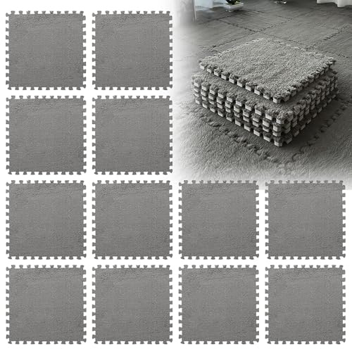 LUPATDY 12 Stück Ineinandergreifende Plüsch Schaumstoffmatte, 30x30cm Schaumstoff Puzzle Matten, Flauschige Wohnzimmer Schlafzimmer Teppichfliesen, Bodenfliesen Für Spielz, Grau