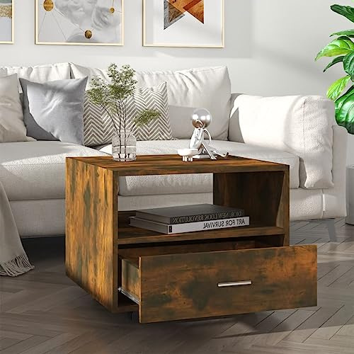 WHOPBXGAD Couchtisch Räuchereiche 55x55x40 cm mit Rollen und Stauraum, Beistelltisch aus Holzwerkstoff für Wohnzimmer und Essbereich, moderner Rauchtisch mit Schublade
