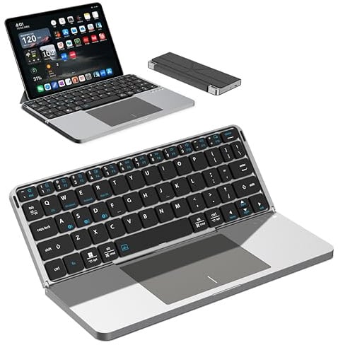 Ultra-Thin Rechargeable Foldable Bluetooth Keyboard with Touchpad Sync up to 3 Devices, Folding Portable Wireless Keyboard with Protective Holster Holder for iPad Tablet Smartphone and Laptop