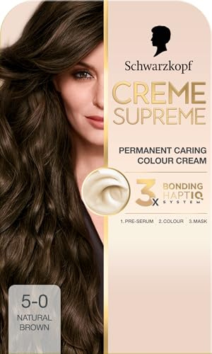Schwarzkopf Creme Supreme Hair Dye, 5-0 Natural Brown | Permanent; Caring Colouration, 3-Step Bonding System Against Damage, with Serum & Mask, 100% Grey Coverage, Even Results