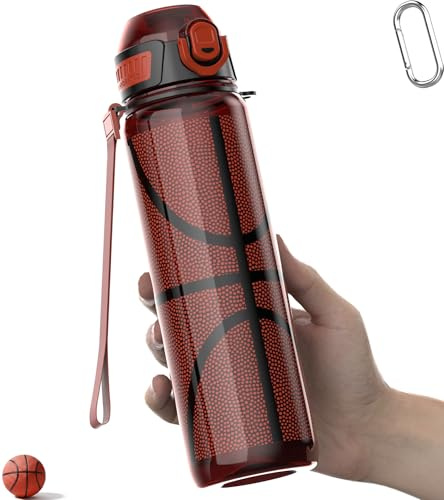MYFOREST Basketball Water Bottle, Lightweight, Quick-Open Gulp Lid/Straw | 360° Leak-Proof, Drop/Scratch Resistant for Sports/Travel/Gym/Office, Unique Fan Gift, 34oz/1L Daily Hydration