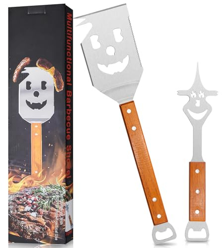 JNUYISW 7 en 1 Ensemble d'outils de Barbecue, 2 Pièces Ustensiles Barbecue en Acier Inoxydable avec Manche en Bois Spatule Barbecue Fourchette Décapsuleur Outil Multifonction Meilleurs pour Hommes