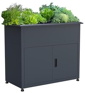 Plats Outdoor Solution® Hochbeet mit Unterschrank aus Metall, Grau, 107x57x85cm, mit Drainagesystem und Schneckenkante, anthrazit, pulverbeschichtet