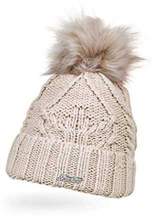 Neverless® Damen Strick-Mütze gefüttert Umschlag Fleecefutter Fell-Bommel Kunstfell Winter-Mütze Zopfstrick Bommelmütze beige Unisize