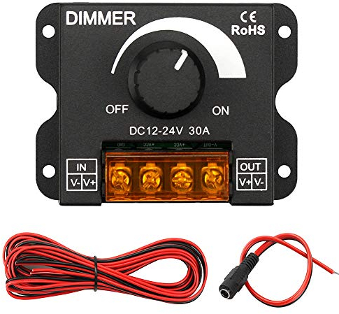 InduSKY DC 12V 24V 30A LED PWM Dimmer Kontrolleur für Einzelfarbe LED Streifen + 5M 22AWG Verlängerungskabel für LED-Streifen Licht Einfarbig 3528 5050 + DC Weibliches Stromkabel