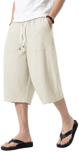 KEFITEVD Mens 3 Quarter Length Shorts Linen Pants Summer Casual Trousers