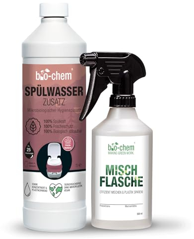 bio-chem Bio Spülwasser-Zusatz 1 L Konzentrat + Sprühflasche für Spülkasten I WC-Reiniger Rinse Flush für Campingtoilette, Chemietoilette