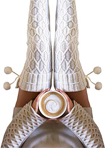 XIMIN 1 Paar Frauen Streifen Socken, Oberschenkel Hoch über Den Kniestrümpfen Lange Baumwollstrümpfe Fuß Warm, Overknee Hohe Strümpfe über Kniestiefel Socken Für Frauen Mädchen (Beige)