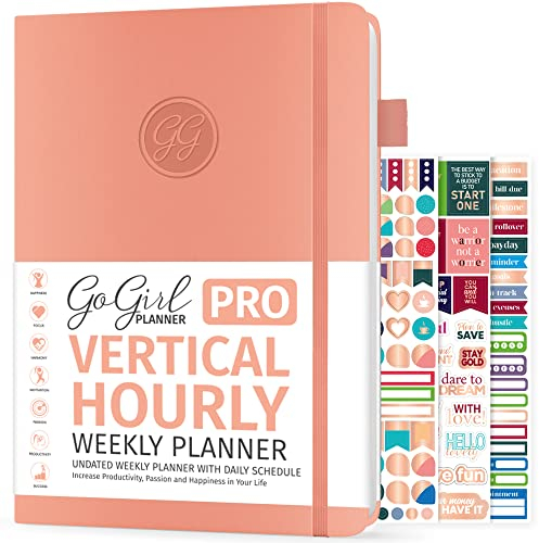 GoGirl Planner Pro Zeitplan – undatierter Planer mit stündlichen Zeitfächern, Monats-, Wochen- und Tagesorganizer, Terminbuch für Zeitmanagement, 18 x 25,5 cm, Hardcover, hält 1 Jahr, Pfirsichrosa