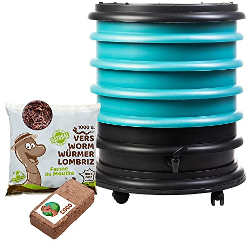 WORMbox | Wurmkomposter Wurmfarm Wurmkiste mit 4 Schalen Türkis + 500g Kompostwürmer / 1000 STK + 1 Coco | 64 Liter | Regenwurmkomposter, Kompostwürmer produzieren Wurmhumus