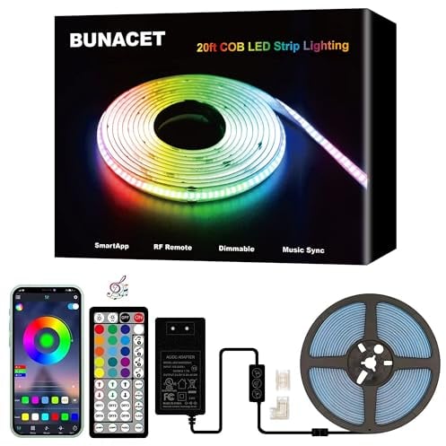 BUNACET COB RGB LED Strip 6M 24V Dimmbar, LED Streifen 3456 LEDs, Leiste Band Stripes Lichtband mit Netzteil RF Fernbedienung & APP Bluetooth für Küche Schlafzimmer Deko