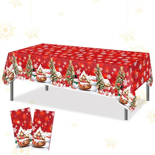 Weihnachten Tischdecke Dekoration 2 Stück Weihnachtstischdecke Rot Plastik Tischdecken Party Einweg Tischdecke 130x220cm Wasserdichtes Tischtuch Xmas Party Tischdeko Weihnachten