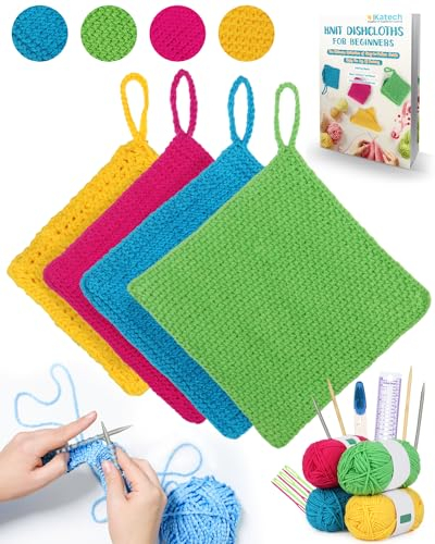 Katech Strickset für Anfänger – Geschirrtuch lernen – Strickset für Erwachsene und Kinder mit Strickbuch, Nadeln, Garn, Garnnadel, Bastelsets, Geschenk (Anfänger bis Experte)