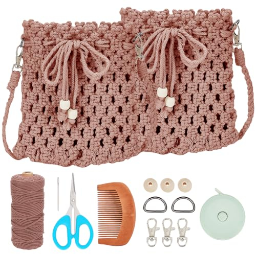 FREEBLOSS 2 Set Makramee Taschen Set Makramee Garn Set Makramee Bastelset Boho Makrame Tasche Makramee Set Anfänger mit Anleitung für Erwachsene Geschenk